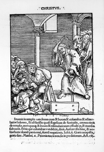 1521年に出版されたフィリップメランソンによる「パッシナルクリスティウントアンチクリスティ」のテンプルから商人と貸金業者を運転するキリスト 作： Lucas Cranach the Elder